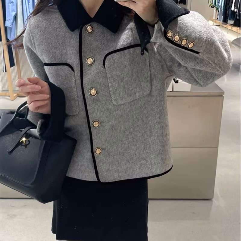 秋冬裝小香風外套大碼女端口小金扣法式遮肚子毛呢外套M-4XL200斤