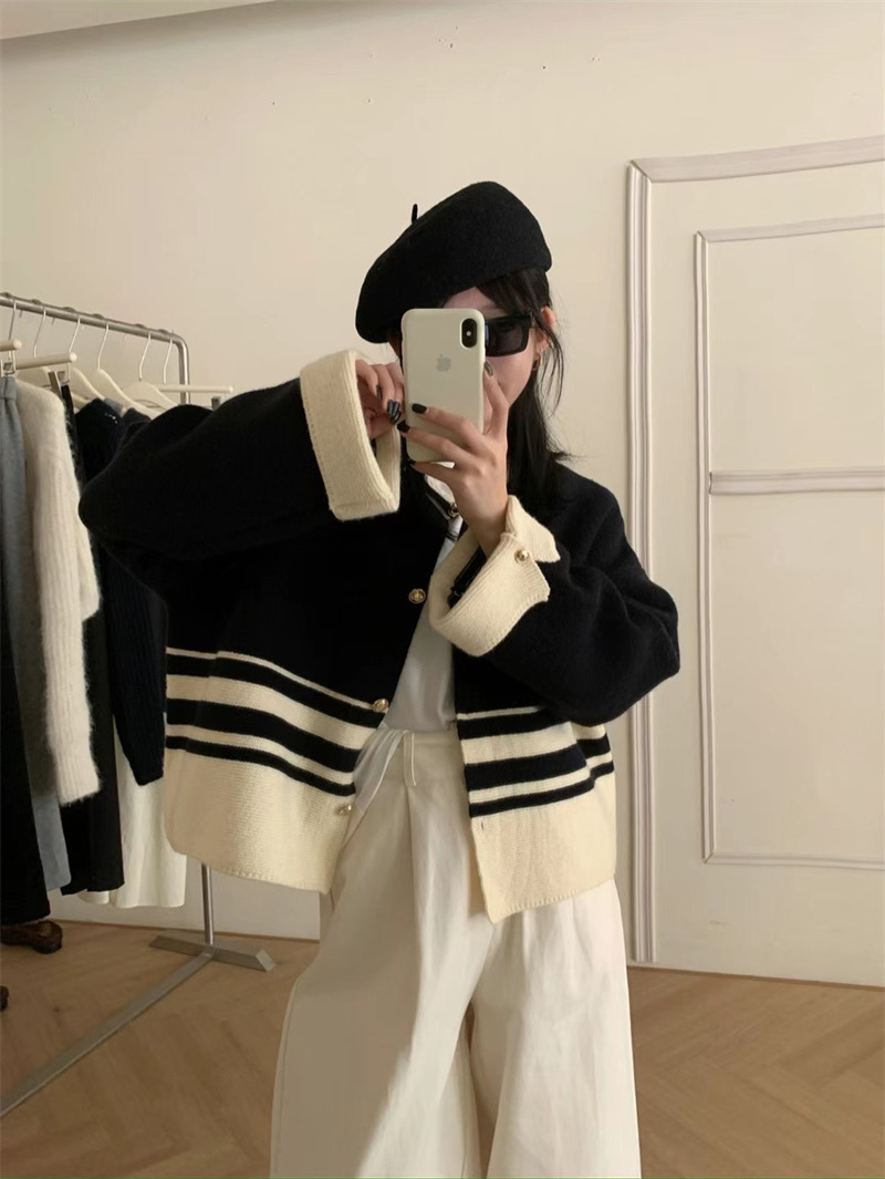 韓系圓領長袖毛衣外套女2023秋季新款慵懶風氣質單排扣撞色上衣潮
