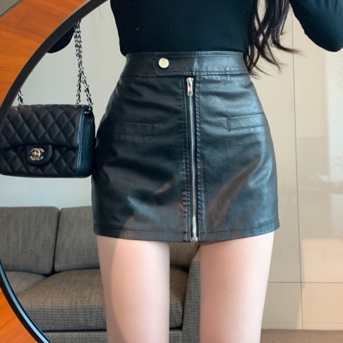 Real shot of retro distressed zipper PU leather skirt autumn and winter women's hottie high waist fake pocket hip short skirt for women