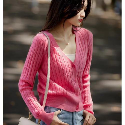 Xiaohange い Autumn and winter retro slim twist wool cashmere cable V-neck knitted cardigan ZWD665193AG