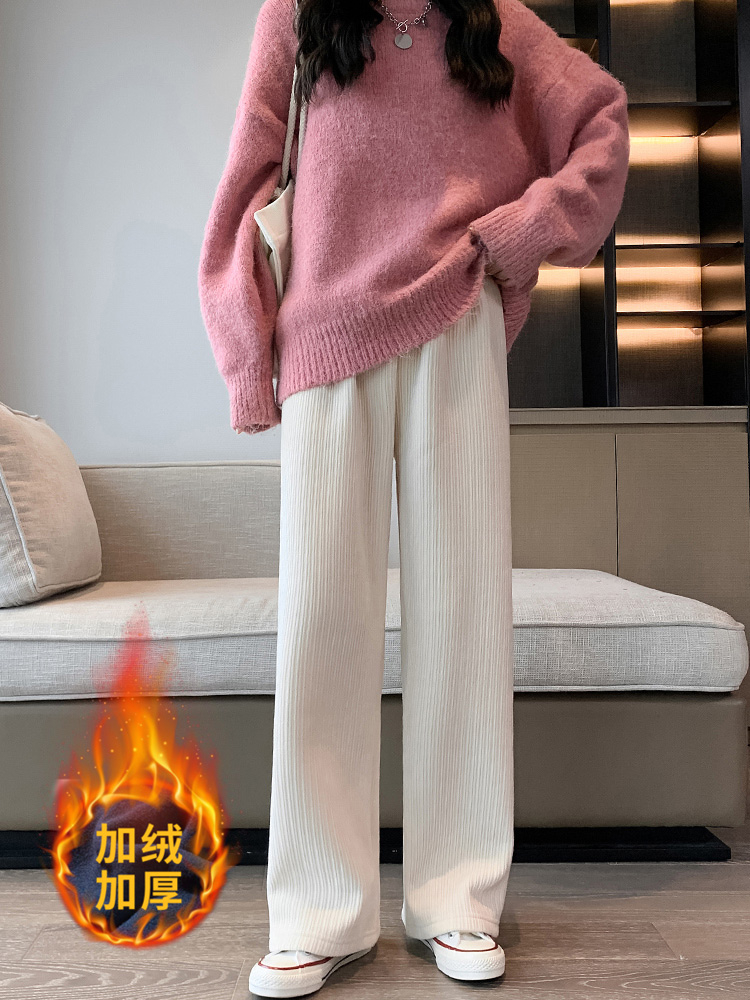 闊腿褲女秋冬2023年新款高腰垂感直筒加絨白色燈芯絨休閒褲