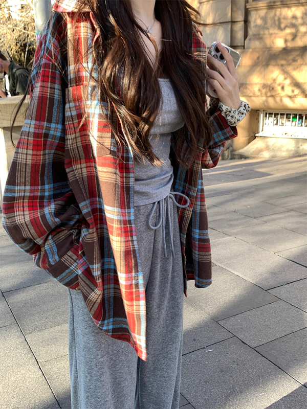 大金家bigking學院風復古格子襯衫女秋季寬鬆休閒長袖防曬外套潮