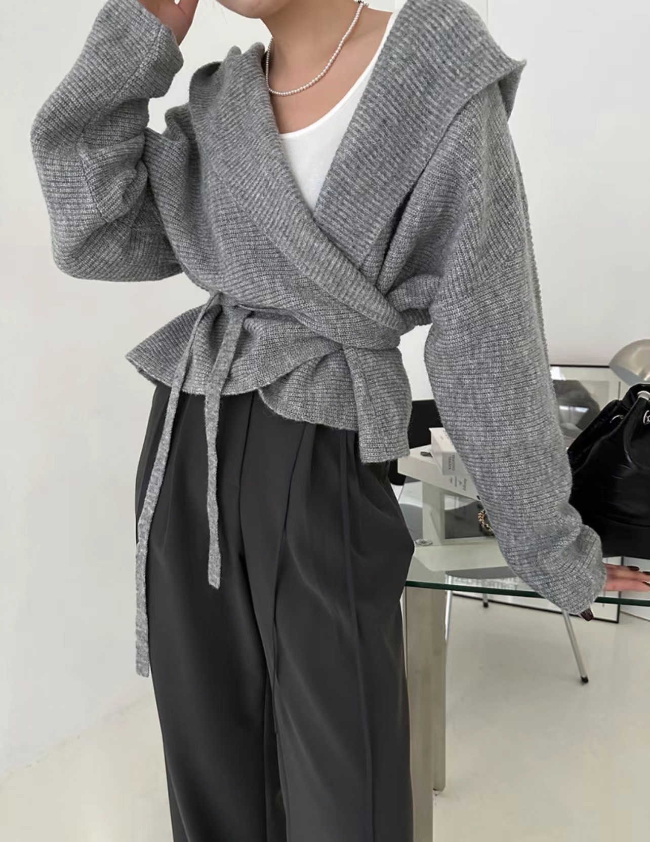 Korean chic autumn new retro hooded lace-up knitted cardigan women's lazy slim coat