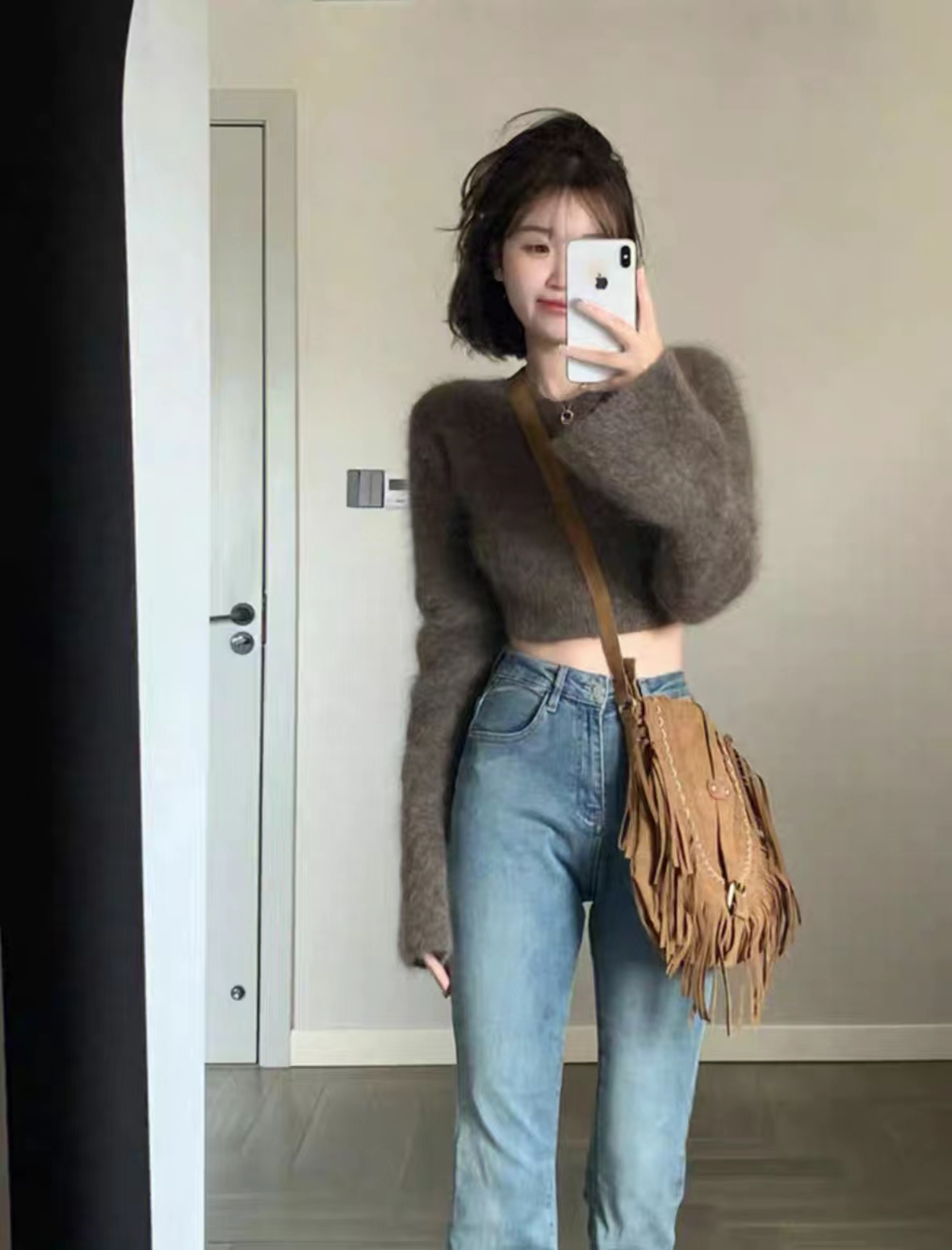 Imitation mink #Korean style sweet and spicy mohair design short round neck sweater for women brown slimming long sleeves