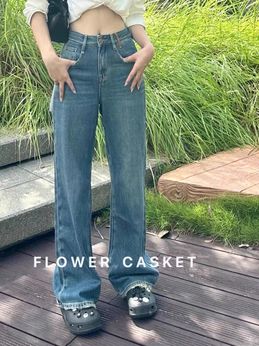 花匣子flower牛仔褲女2023秋冬款直筒褲百搭顯瘦闊腿褲85383