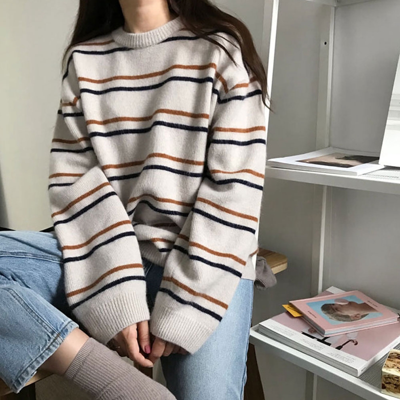 秋冬新款韓國女裝圓領毛衣女chic套頭條紋針織衫寬鬆慵懶學生外穿