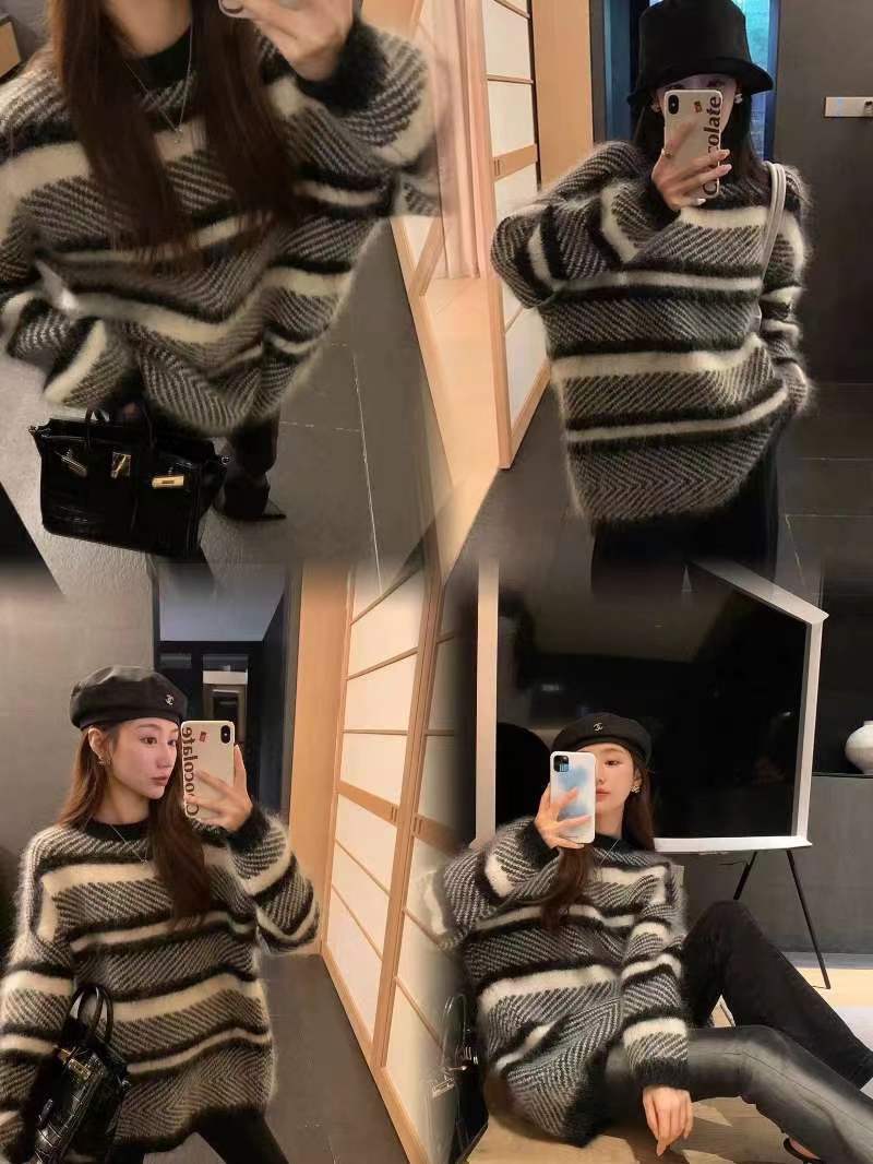 秋冬美式慵懶chic條紋馬海毛毛衣女高級感軟糯奶fufu復古針織上衣