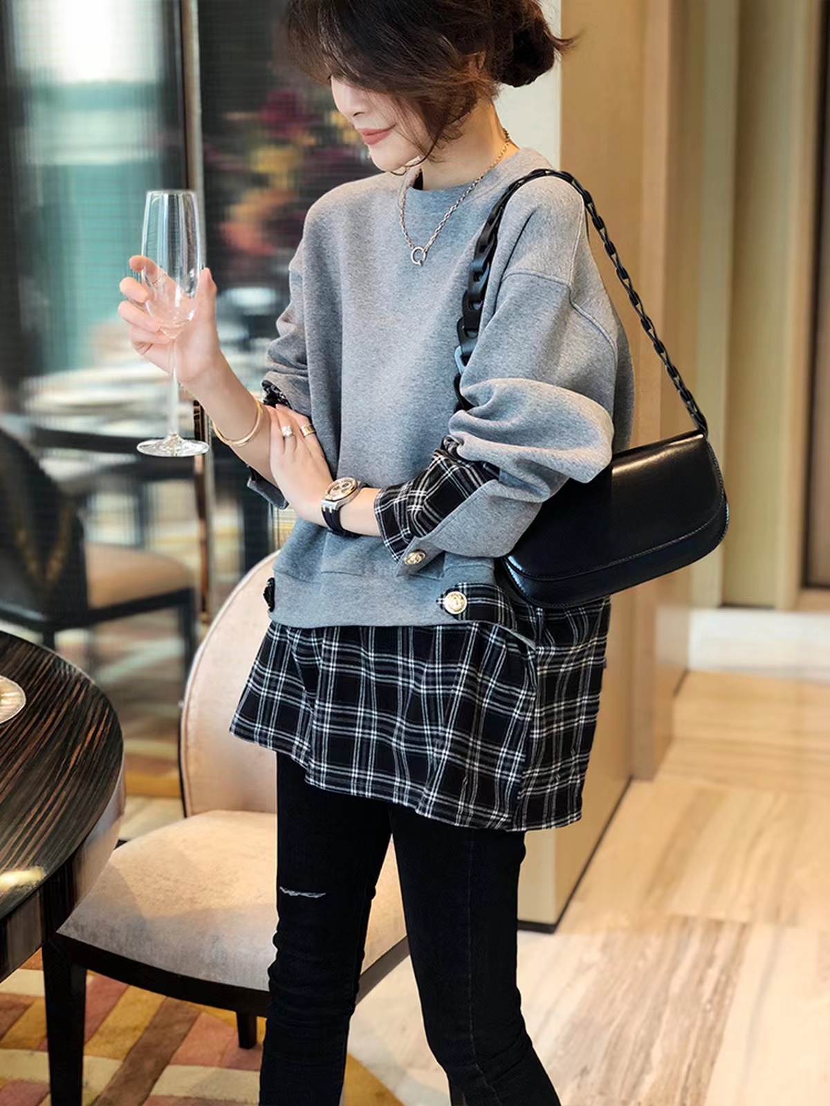 韓版假兩件拼接衛衣女秋冬新款設計感時尚休閒上衣2023薄款