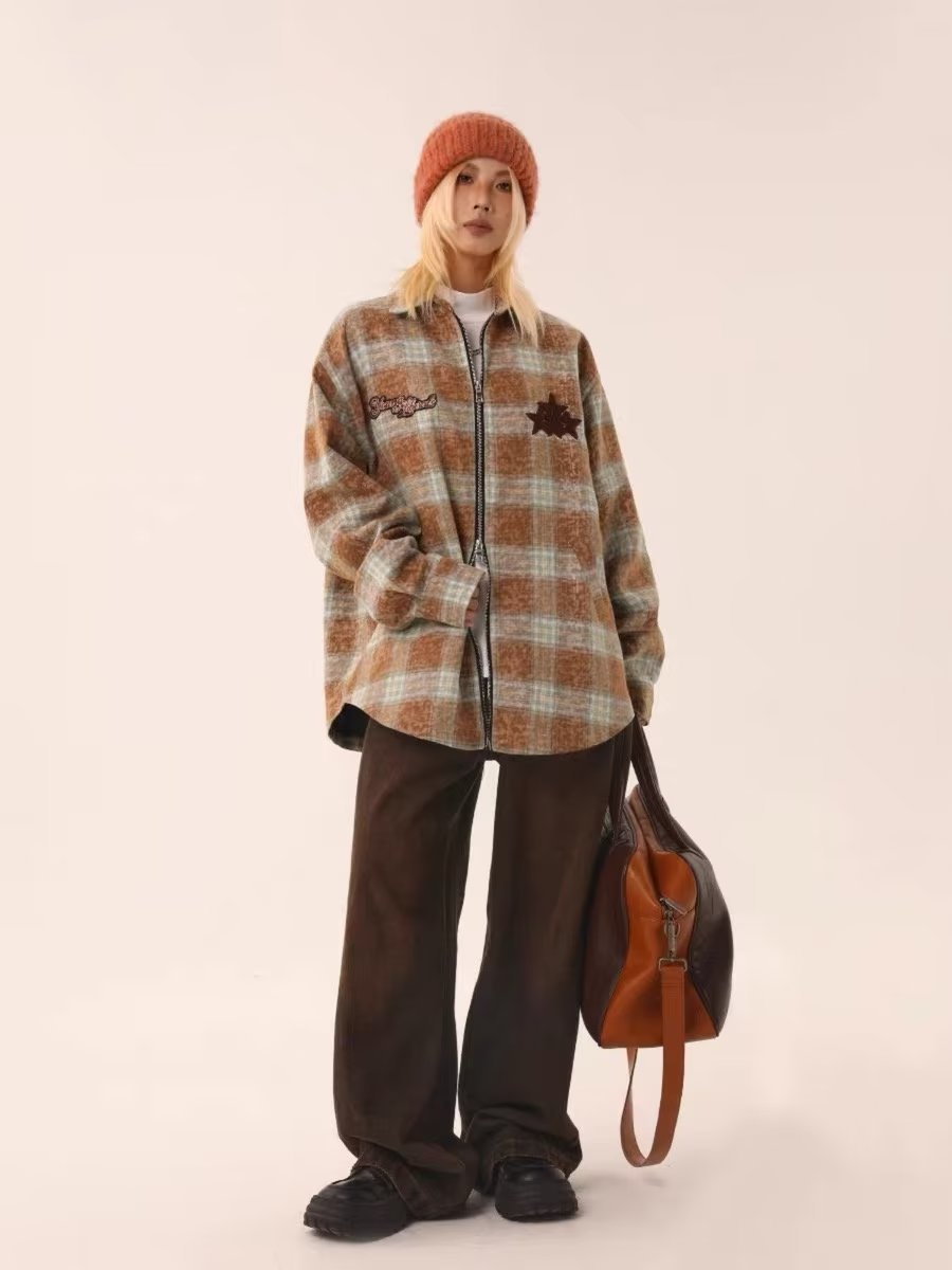 American retro plaid jacket for women 2023 autumn and winter new style national trend version loose and versatile shirt top