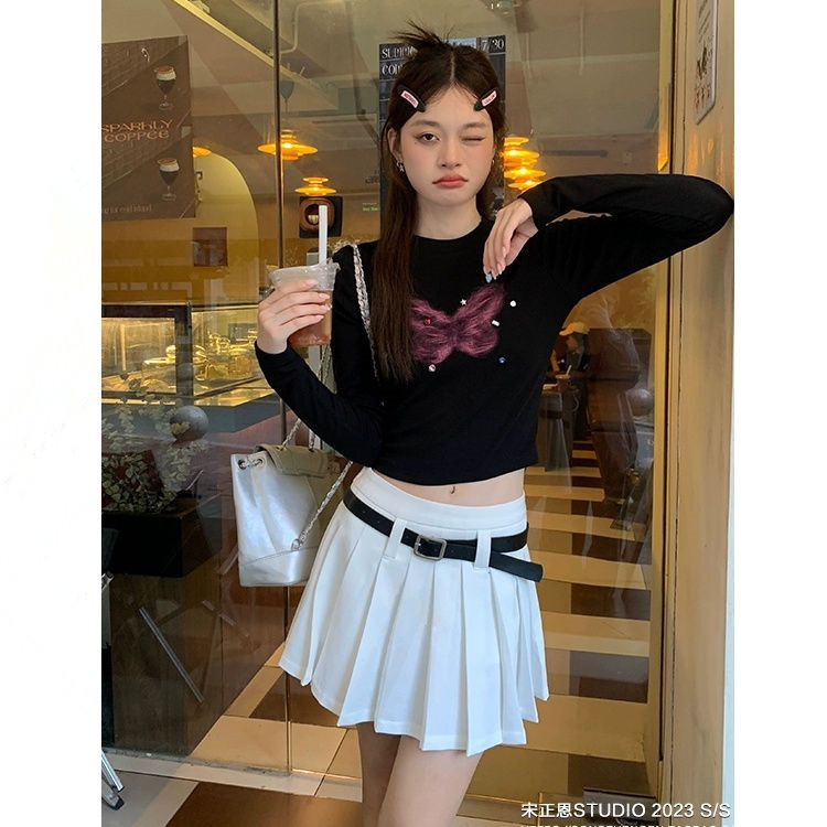 260 free-cut hot girl butterfly long-sleeved T-shirt women's autumn slim-fitting bottoming shirt short top