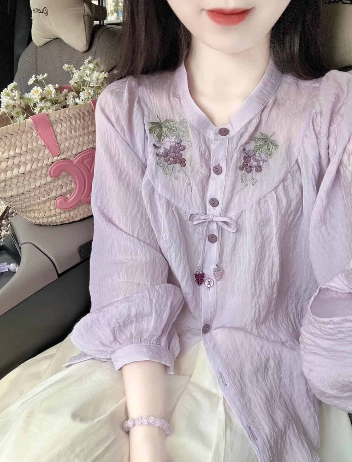 紫色泡泡袖雪紡襯衫女秋季2023新款刺繡系帶設計感小眾七分袖上衣