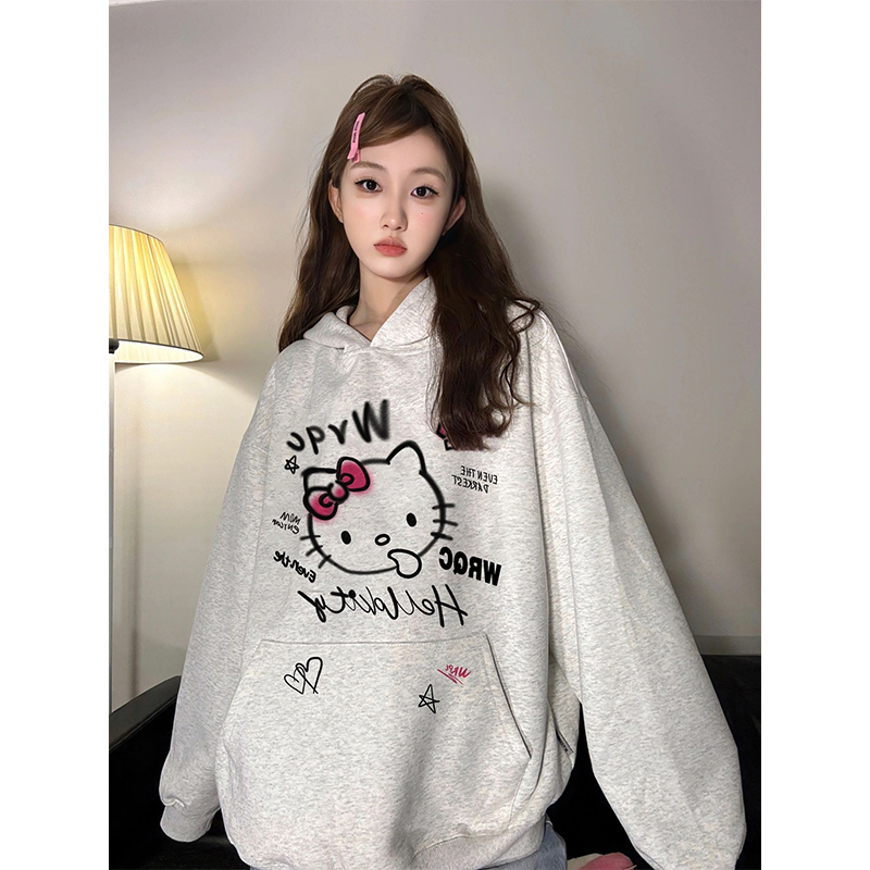 國潮美式HelloKitty凱蒂貓連帽衛衣女秋冬新款寬鬆設計感小眾上衣