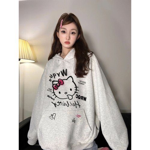 国潮美式HelloKitty凯蒂猫连帽卫衣女秋冬新款宽松设计感小众上衣