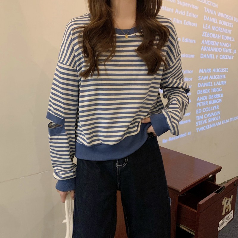 條紋長袖薄款衛衣女裝秋季設計感時尚上衣