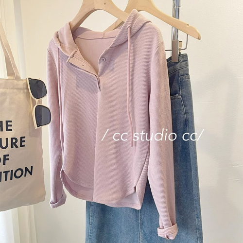 Original quality  early autumn arc hem hooded slim short long sleeve thin sweatshirt for women