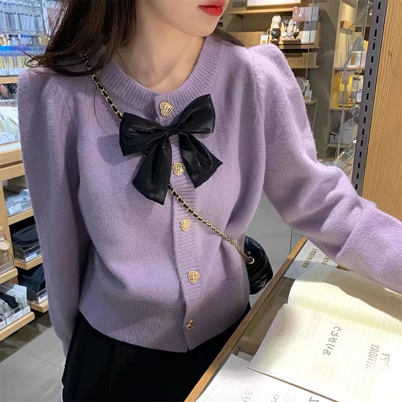 Japanese sweet taro purple bow knitted cardigan spring and autumn new style small fragrance sweater jacket women's short top