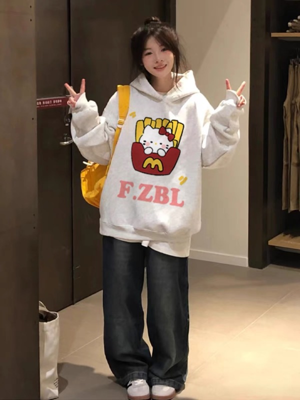 國潮牌薯條KT貓連帽衛衣女春秋寬鬆oversize情侶裝減齡百搭上衣潮