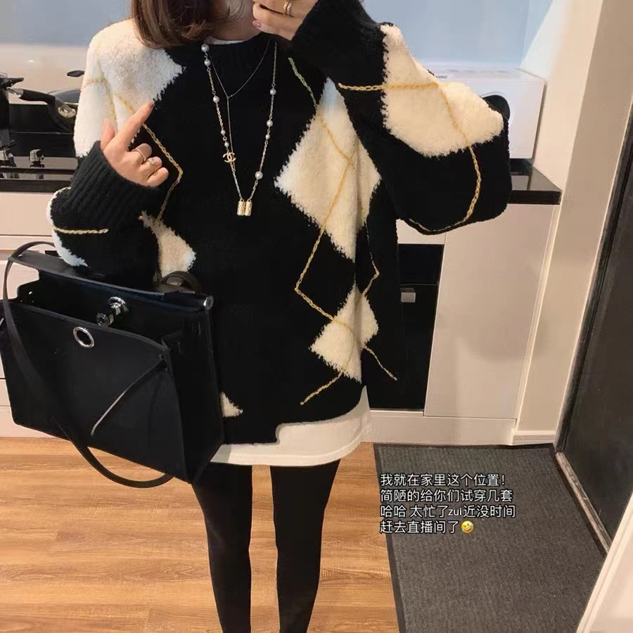 韓版寬鬆格子毛衣設計感小眾棋盤格慵懶風加厚套頭中長款針織上衣