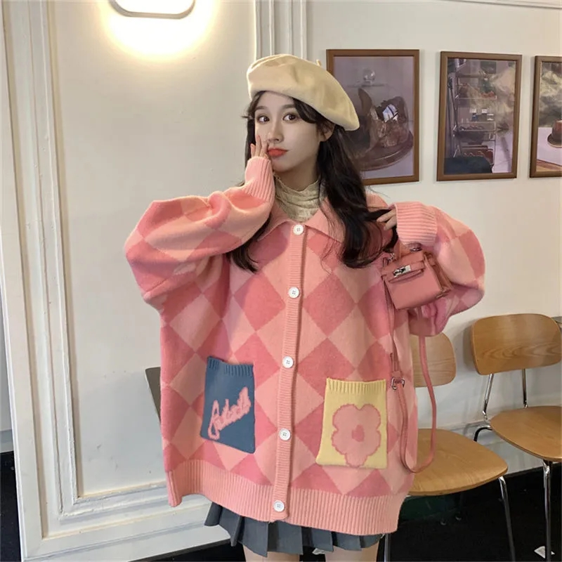 學院風毛衣oversize寬鬆秋冬款菱形針織衫外穿長袖開衫上衣女