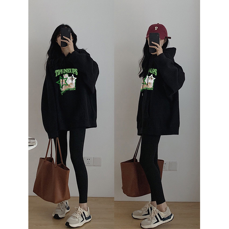 加絨 連帽衛衣女裝2023秋冬季新款黑色hiphop寬鬆慵懶風上衣