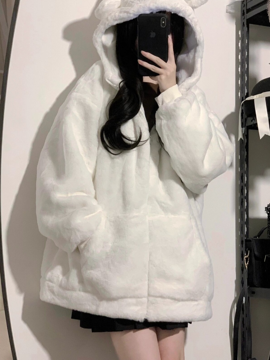 Rex Rabbit Fur Coat Women's 2023 Autumn and Winter New Cute Hooded Lamb Fur Plush Coat Mid-Length