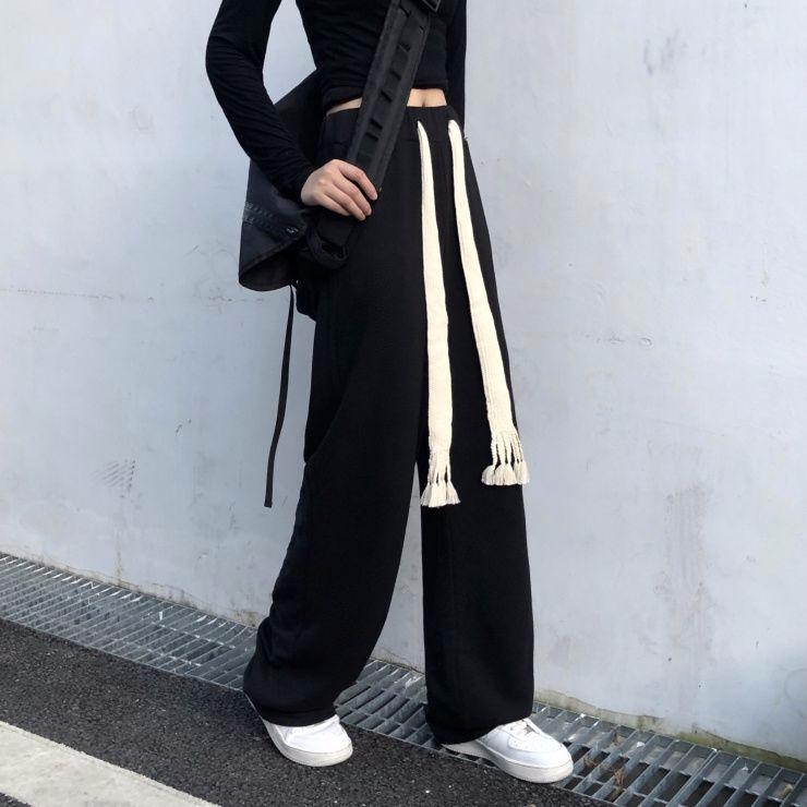 原版手工繩  vibe風直筒大碼褲子女手工編織抽繩顯瘦闊腿休閒長褲