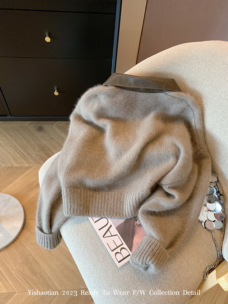 Designed leather double zipper knitted jacket autumn women's 2023 fashionable lady foreign style short soft waxy sweater cardigan