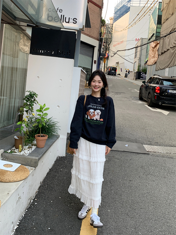 一三良品小個子 可愛修勾～狗狗印花寬鬆休閒圓領套頭短款衛衣女