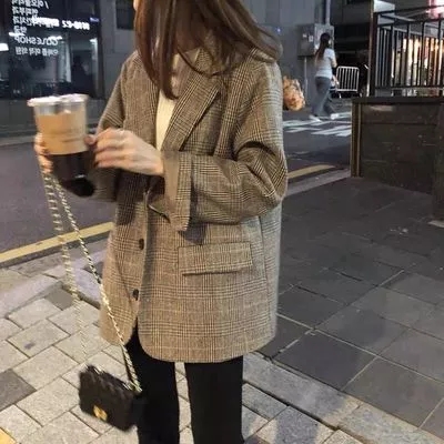 2023年春秋新款上衣女韓版英倫風西服寬鬆chic網紅格子小西裝外套