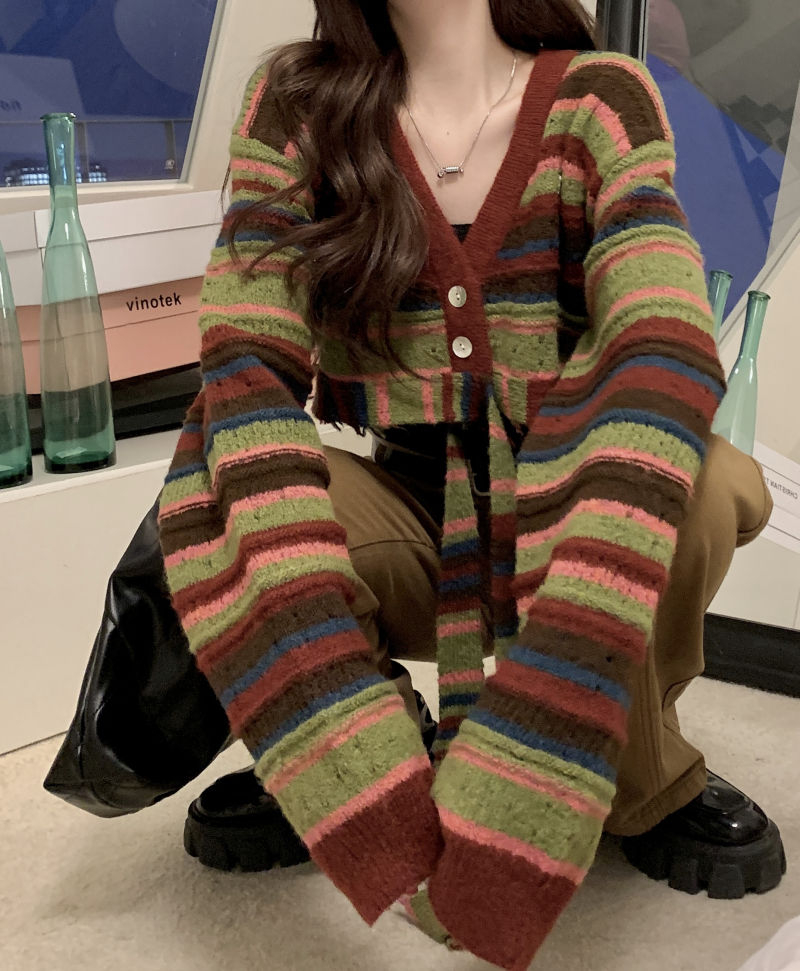 美式復古撞色彩色條紋針織開衫2023秋季新款v領休閒短款毛衣外套