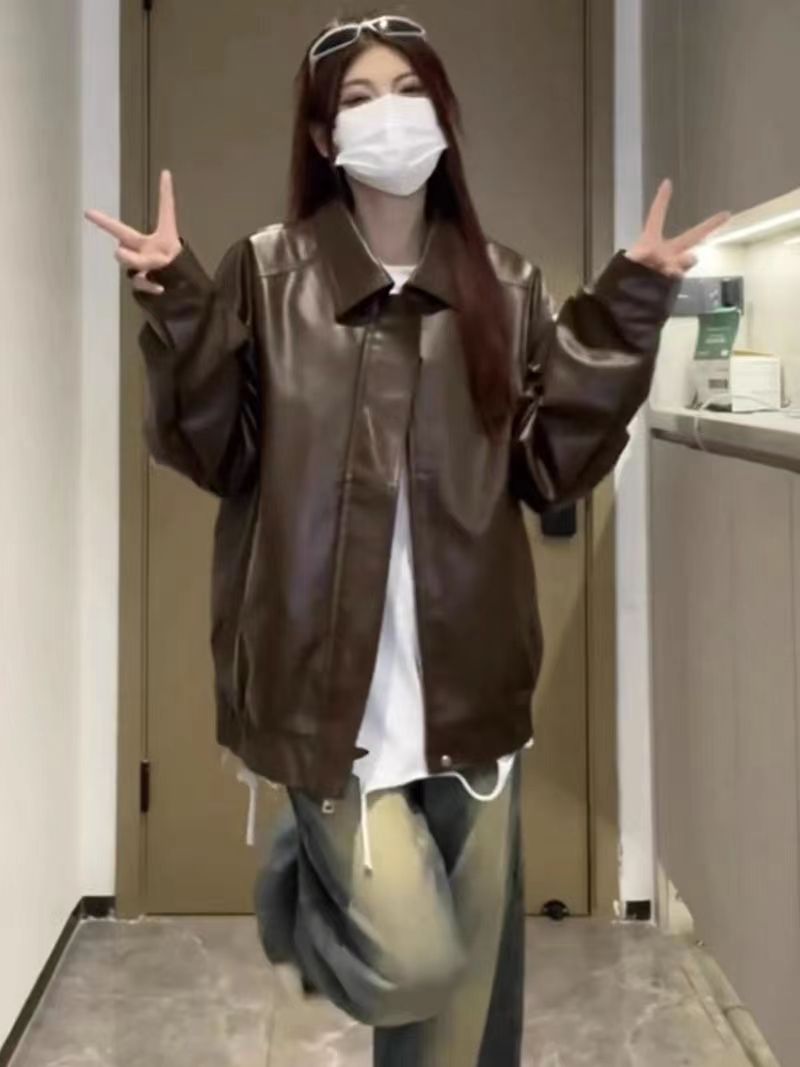 Hong Kong style brown leather jacket for women 2023 new autumn American retro street sweet and cool motorcycle pu leather jacket trendy