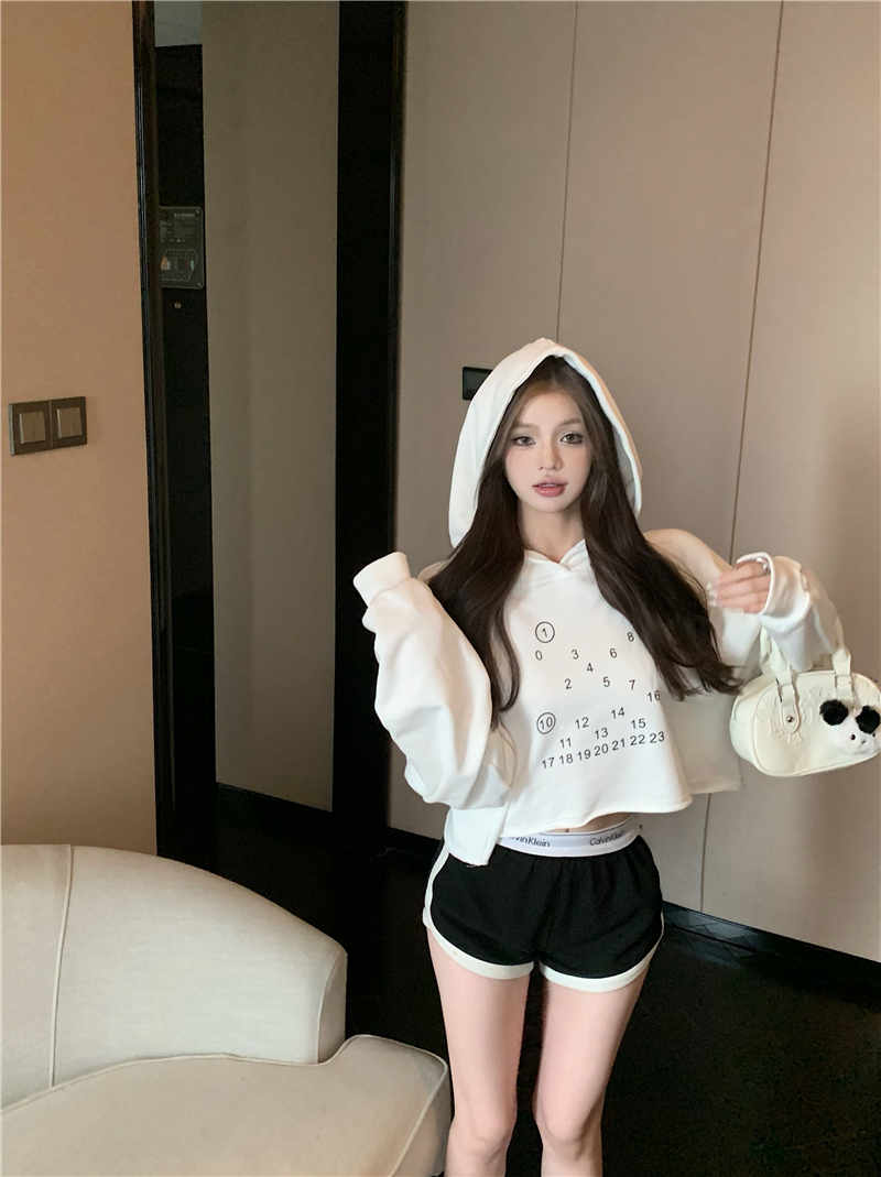 6535流線棉 秋季女白色連帽字母印花寬鬆長袖衛衣復古上衣套頭