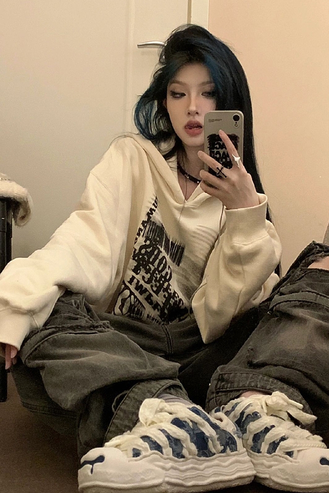 American heavyweight hooded sweatshirt for women in autumn and winter plus velvet creative printing couple long-sleeved vintage loose top