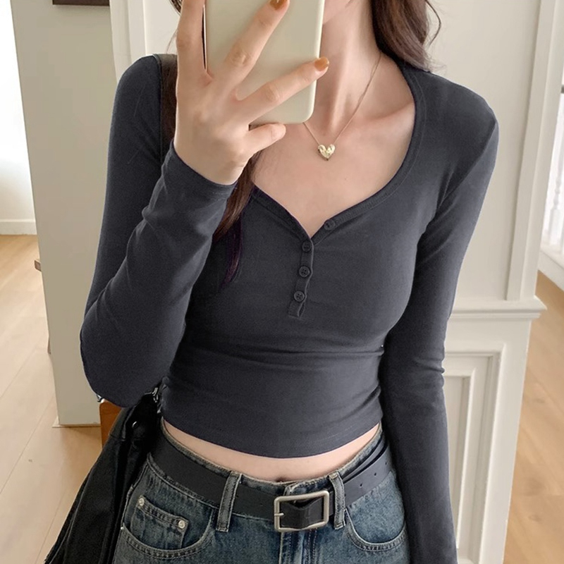 Slim hot girl long-sleeved T-shirt women's early autumn 2023 new solid color bottoming shirt low collar collarbone