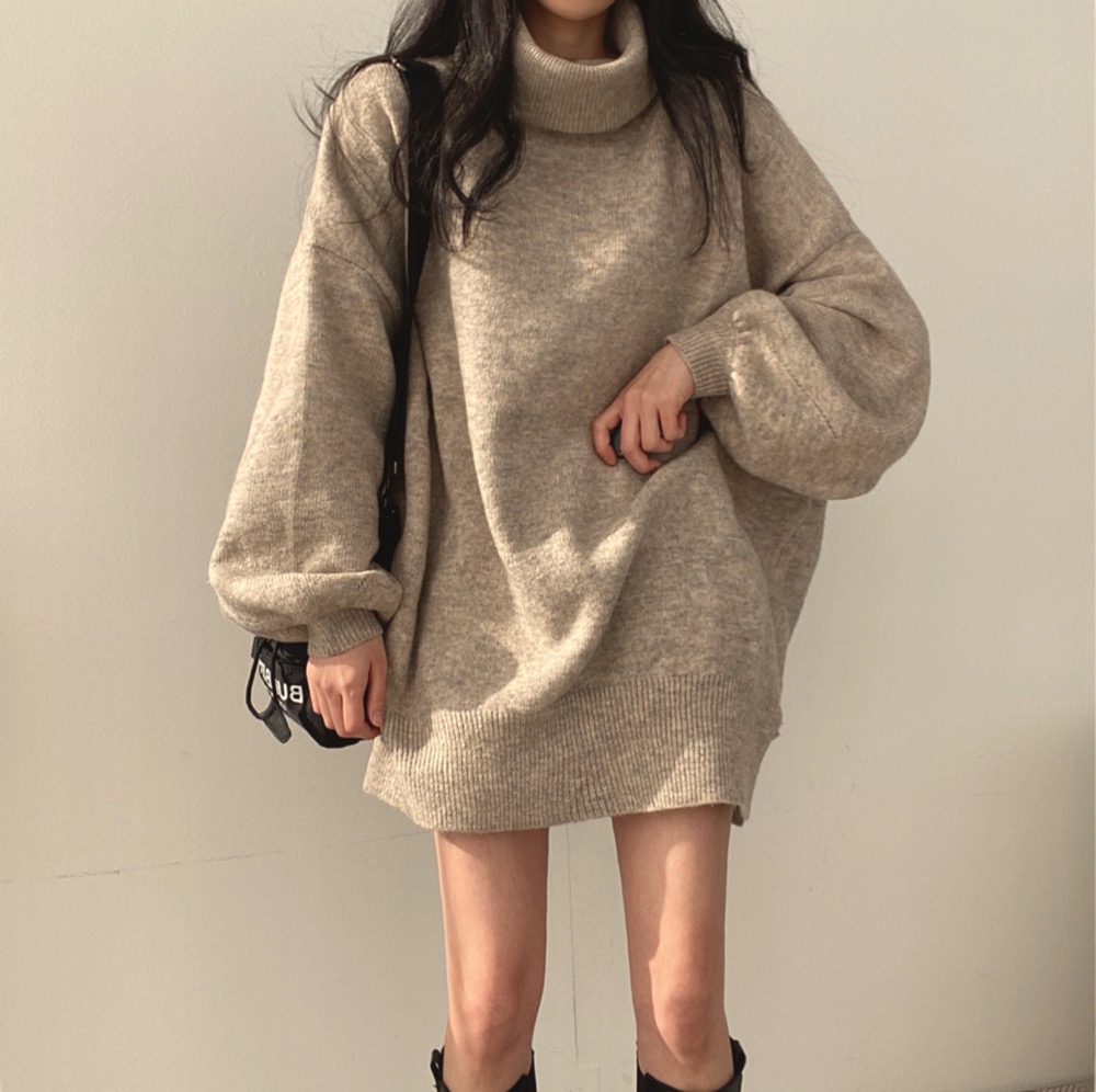 韓國chic寬鬆慵懶高領保暖套頭毛衣女中長款針織上衣