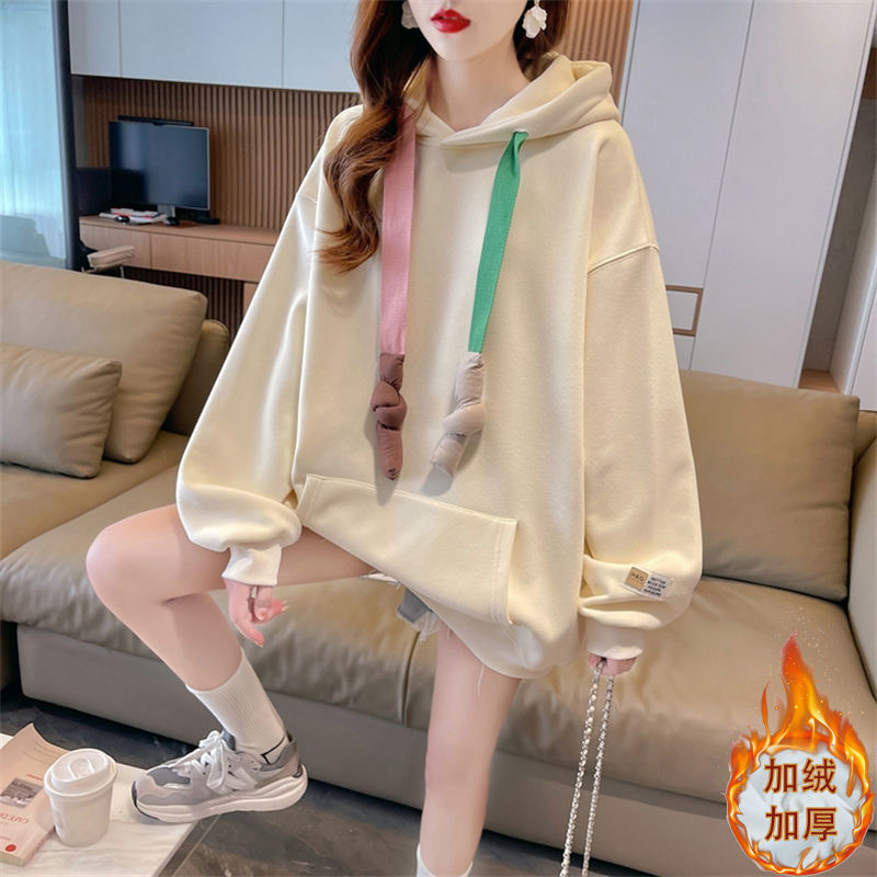加絨加厚慵懶風連帽衛衣女秋冬2023新款韓版顯瘦洋氣減齡外套