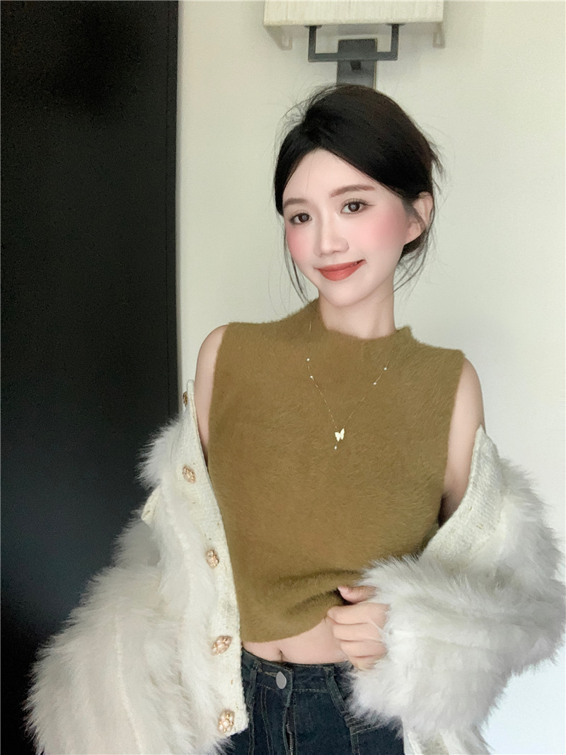 實拍~秋冬無袖仿水貂絨毛衣針織背心修身內搭打底衫女