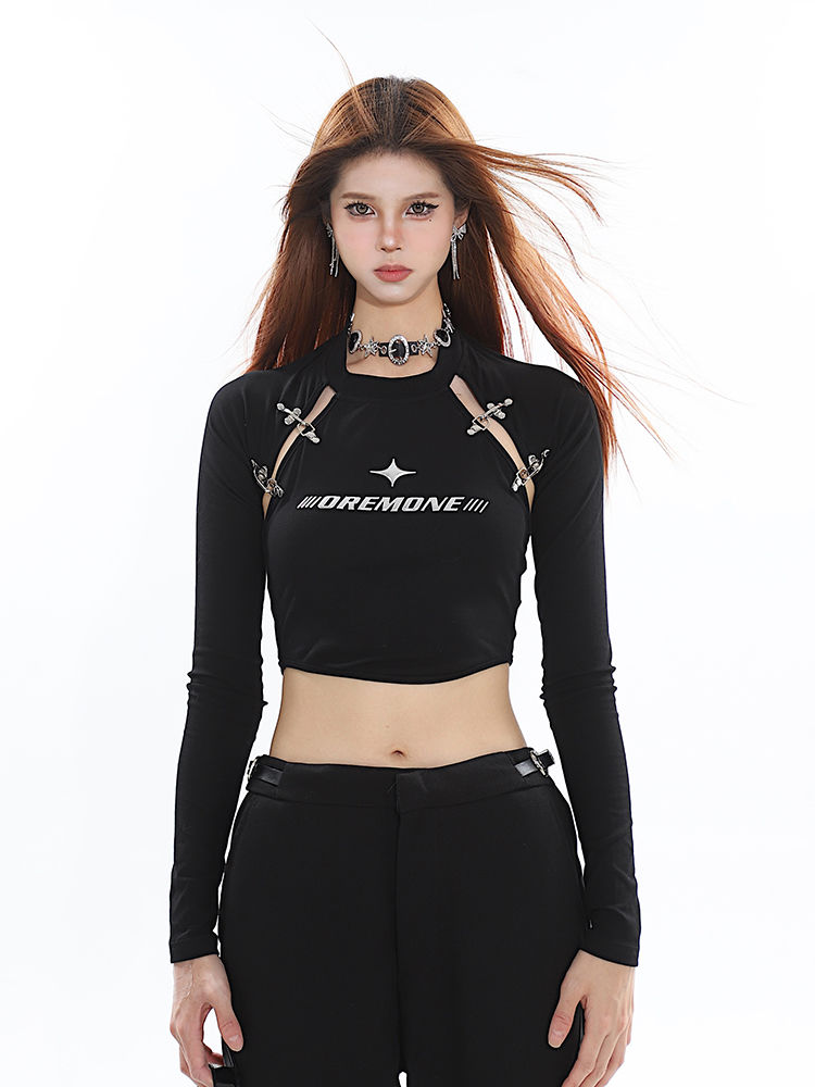 Hot girl short navel-baring letter printed long-sleeved T-shirt for women autumn new metal buckle hollow chic top
