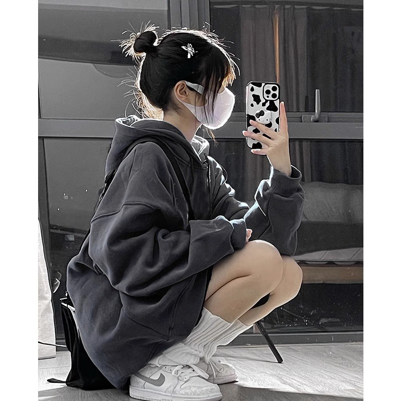 American retro hooded thin sweatshirt plus velvet thickened women's 2023 autumn and winter new loose lazy style chic jacket