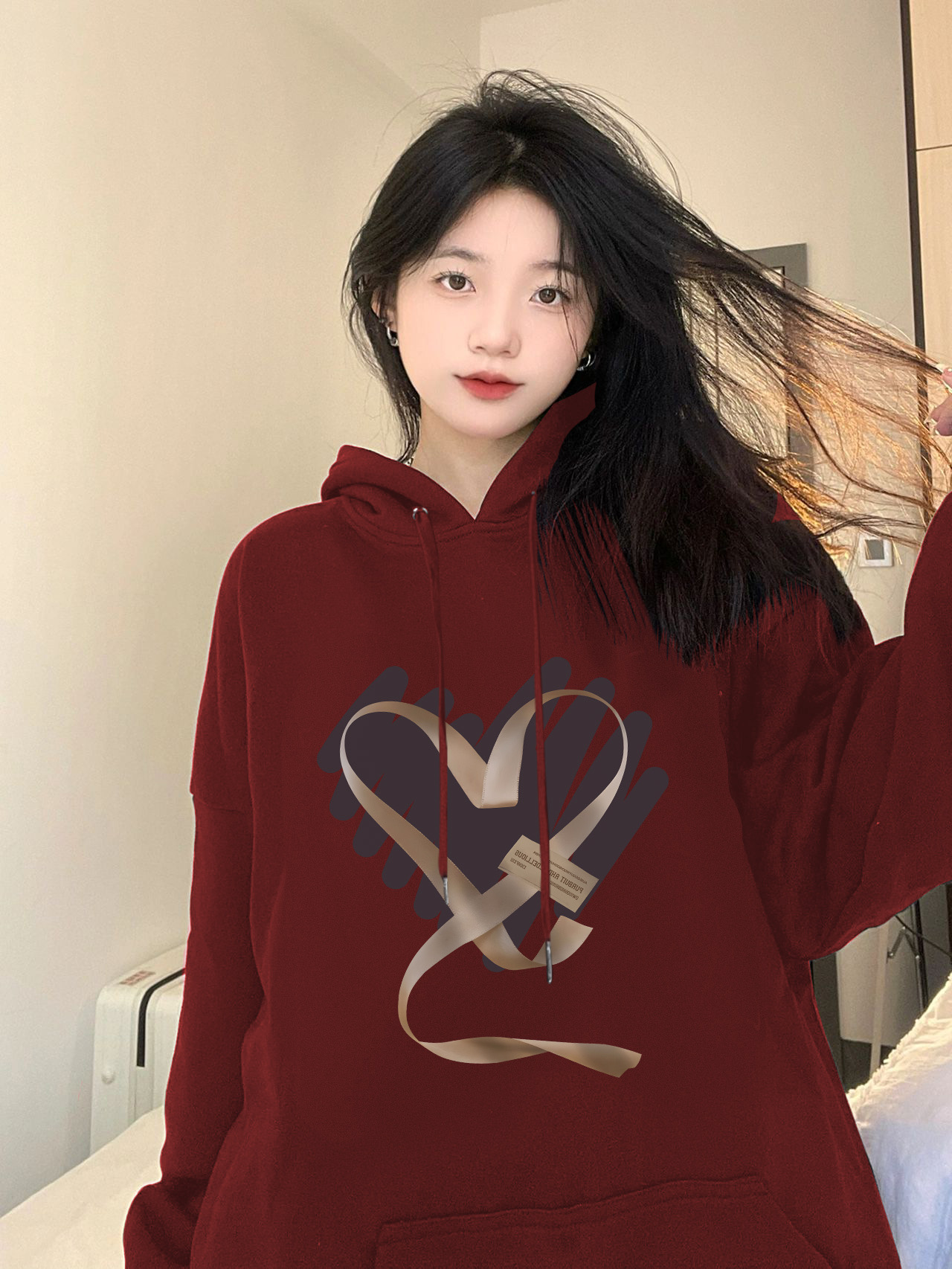 加絨連帽衛衣女裝2023秋冬季新款酒紅色hiphop寬鬆慵懶風上衣