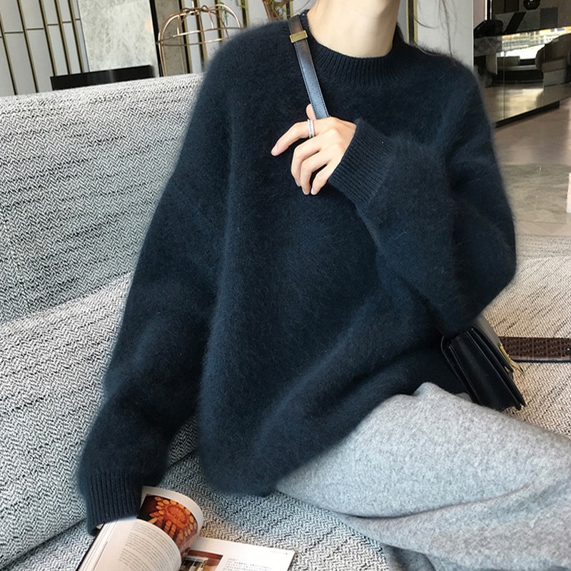 馬海毛仿貂毛衣女2023秋季新款韓國復古慵懶風寬鬆加厚套頭針織衫