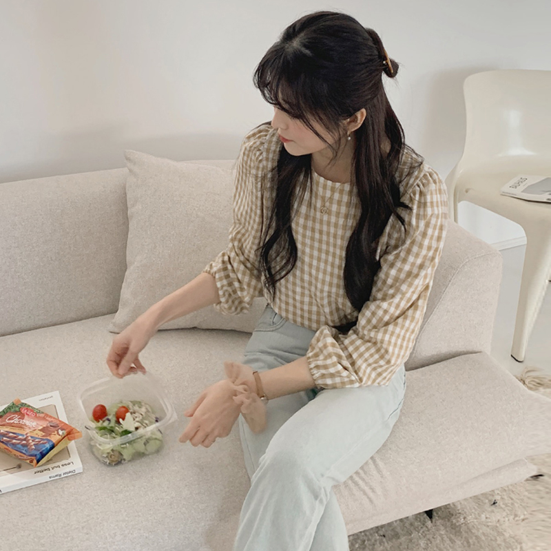 格子襯衫女設計感小眾chic長袖上衣早秋2023新款圓領百搭氣質襯衣