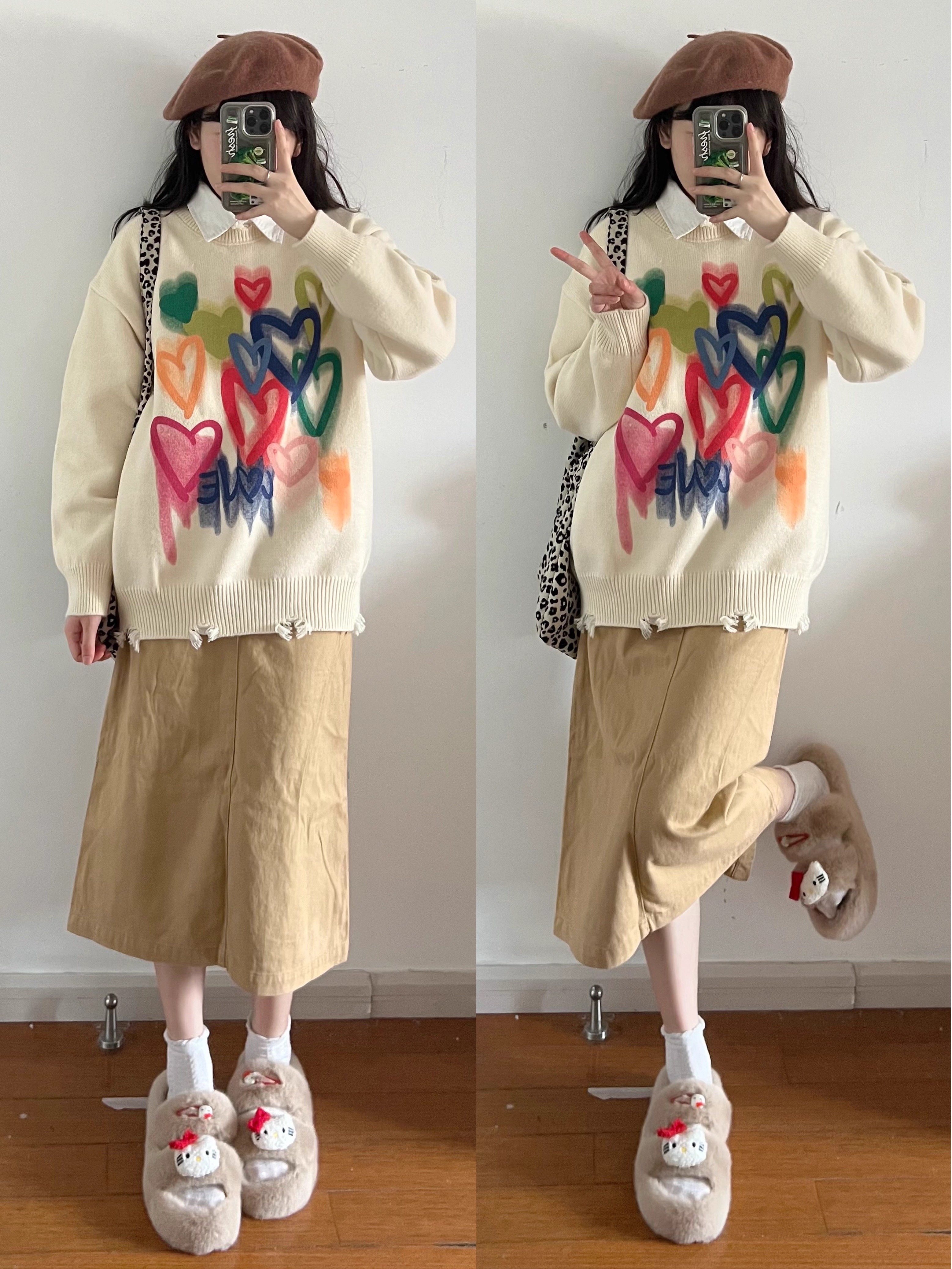 外穿慵懶風毛衣女寬鬆韓系復古軟糯彩色愛心圓領套頭破洞針織衫