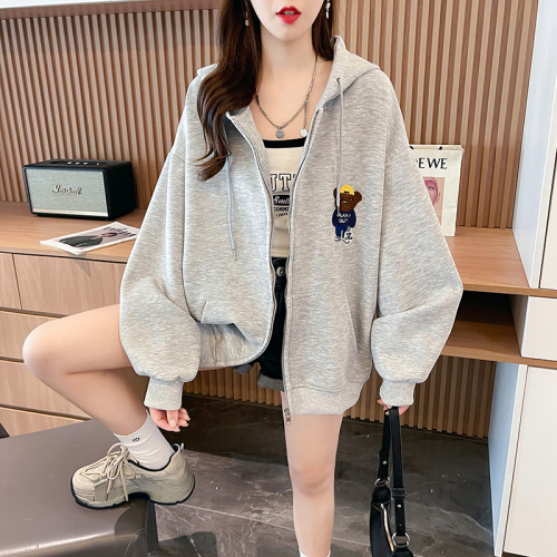 Real shot of Huamian pure cotton composite non-balling new Korean style loose patch embroidered hooded zipper sweatshirt for women