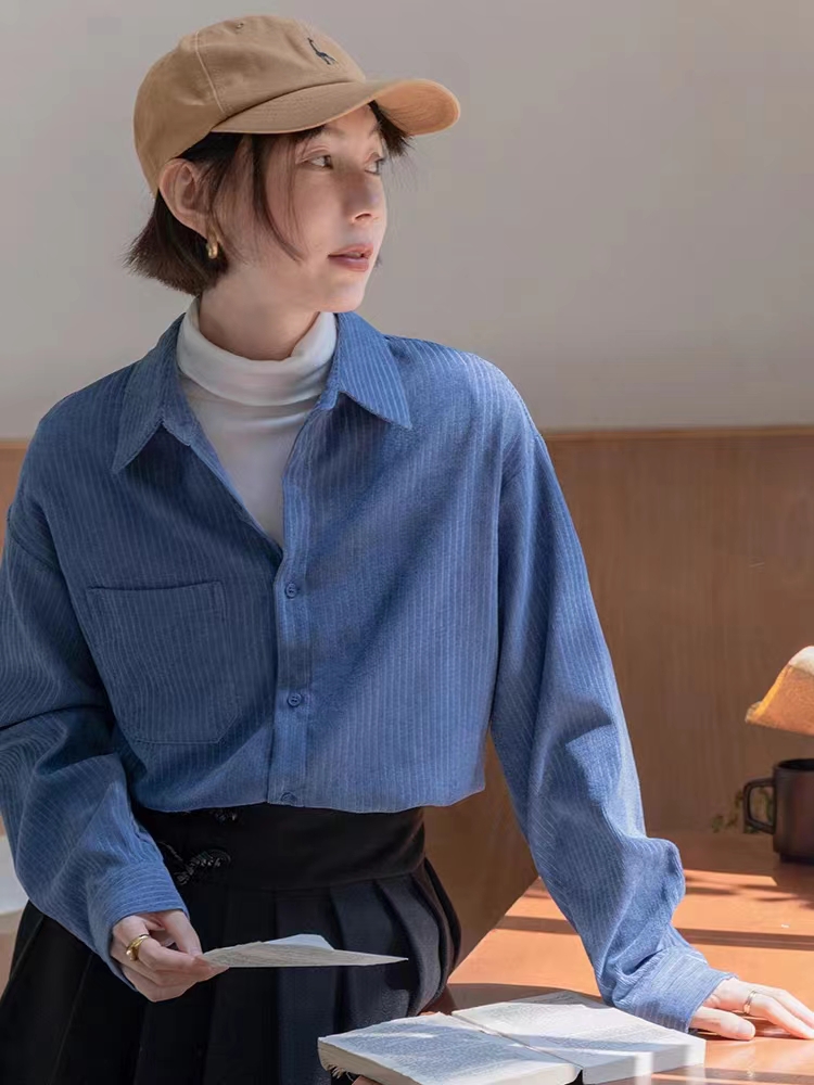 法式克萊因藍色燈芯絨襯衫女2023秋冬法式復古polo領長袖襯衣疊穿