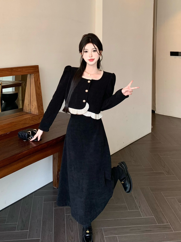 Actual shot of new design fashion suit, French retro style jacket, high-waisted skirt, two-piece set