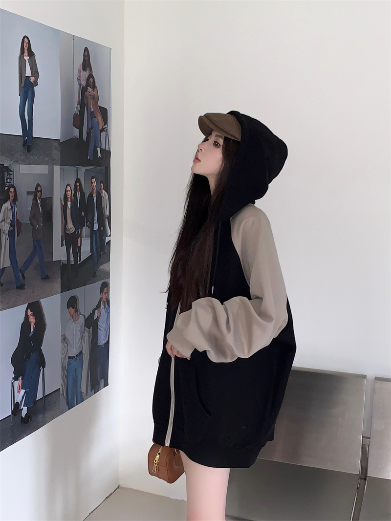 實拍~秋冬新款美式復古撞色拼接加絨加厚連帽拉鏈衛衣外套女