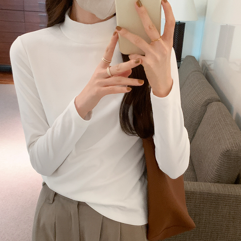 實拍半高領雙面德絨打底女秋冬洋氣內搭修身顯瘦中領加厚磨毛t恤
