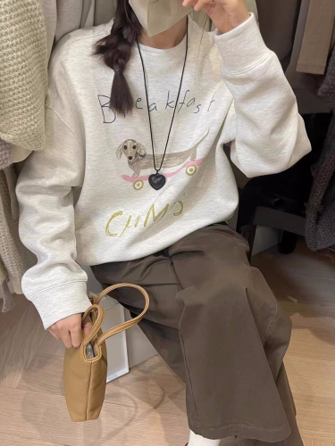 Fufu cute age-reducing cartoon puppy print round neck sweatshirt for women versatile loose pullover top