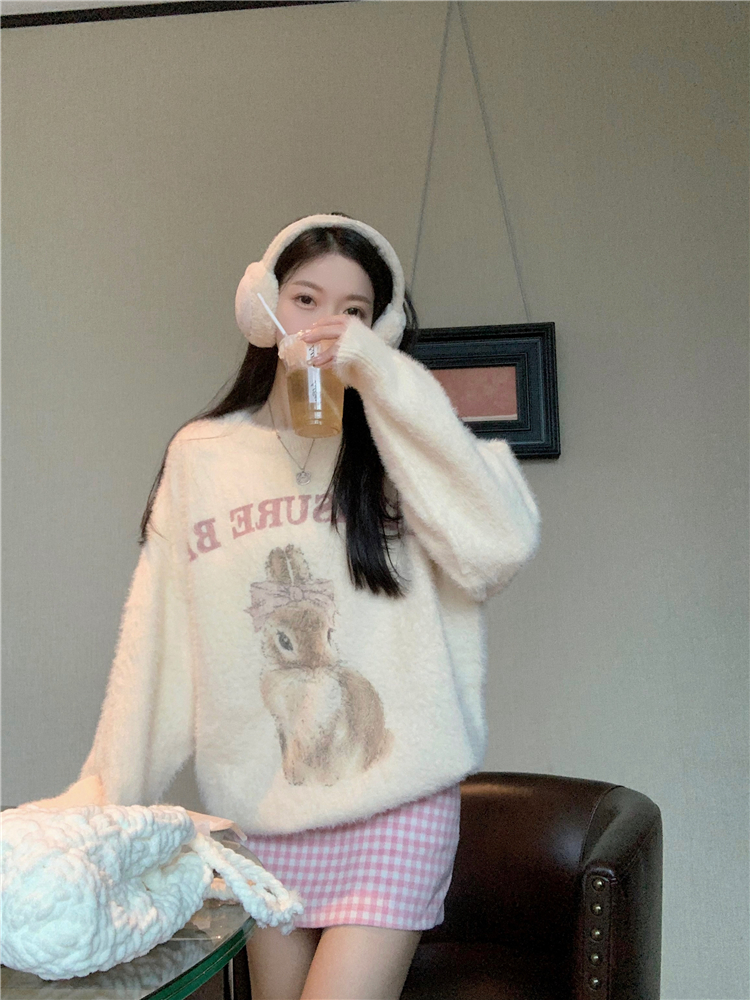 Real shot~Cartoon long-sleeved round-neck sweater lazy top + high-waisted pink plaid hip skirt suit for women